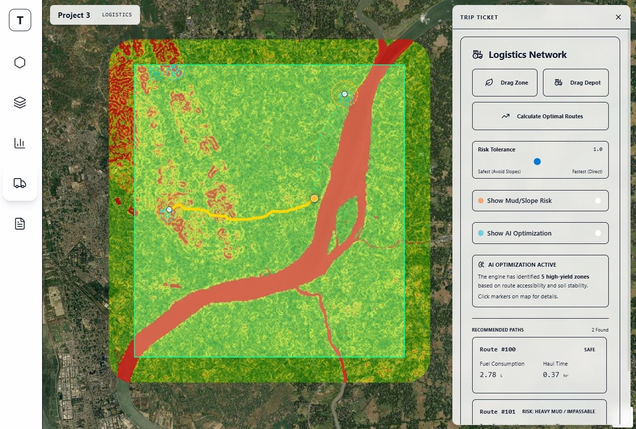 Logistics network panel with drag-and-drop zones and depots, mud and slope risk overlays, and recommended routes