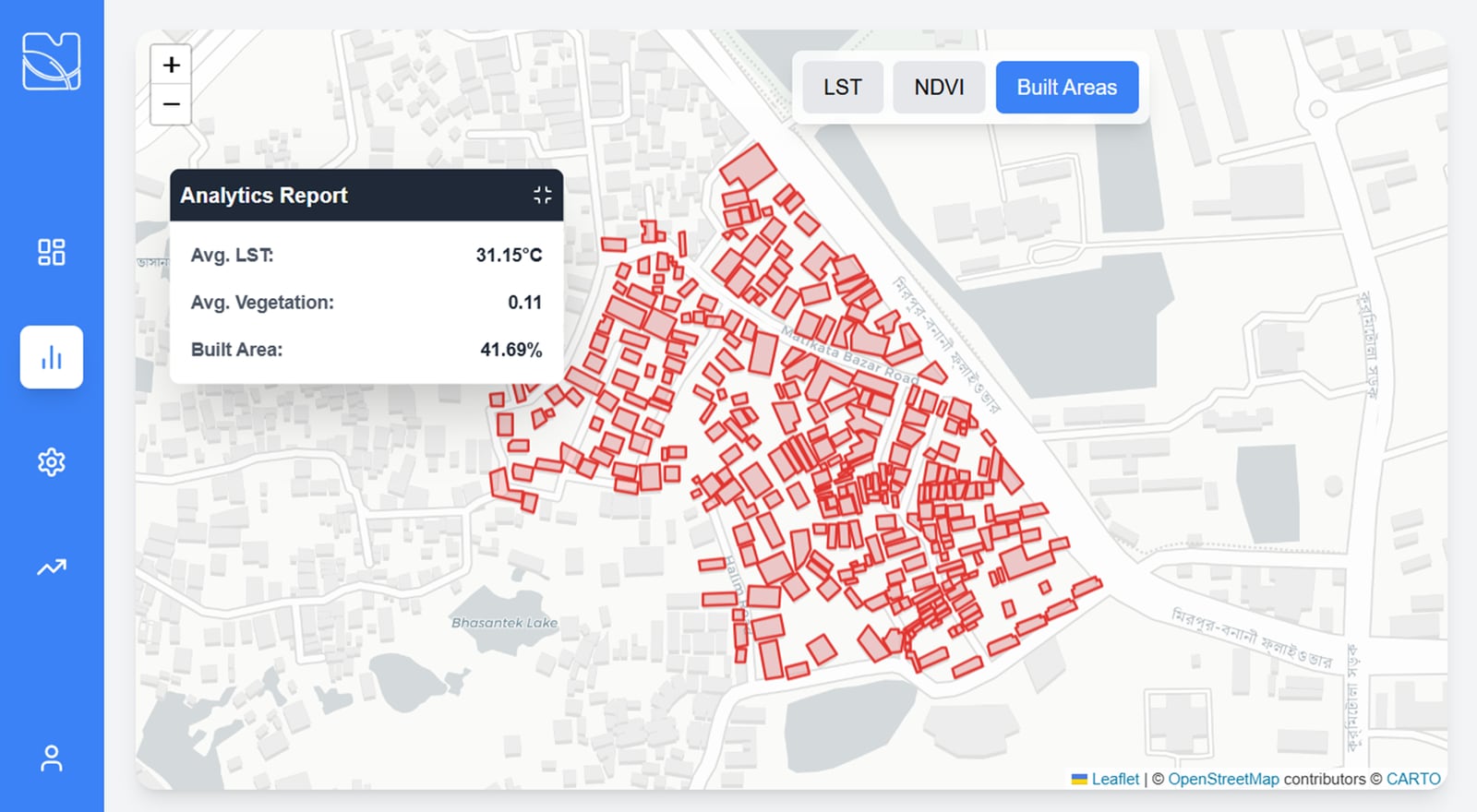 Detected building footprints outlined across the area of interest