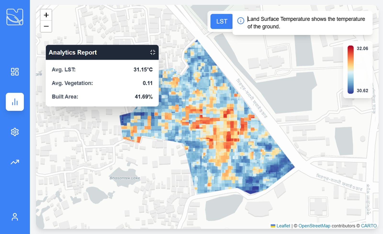 infraGOV showing land surface temperature over a Dhaka neighbourhood, with an analytics report panel