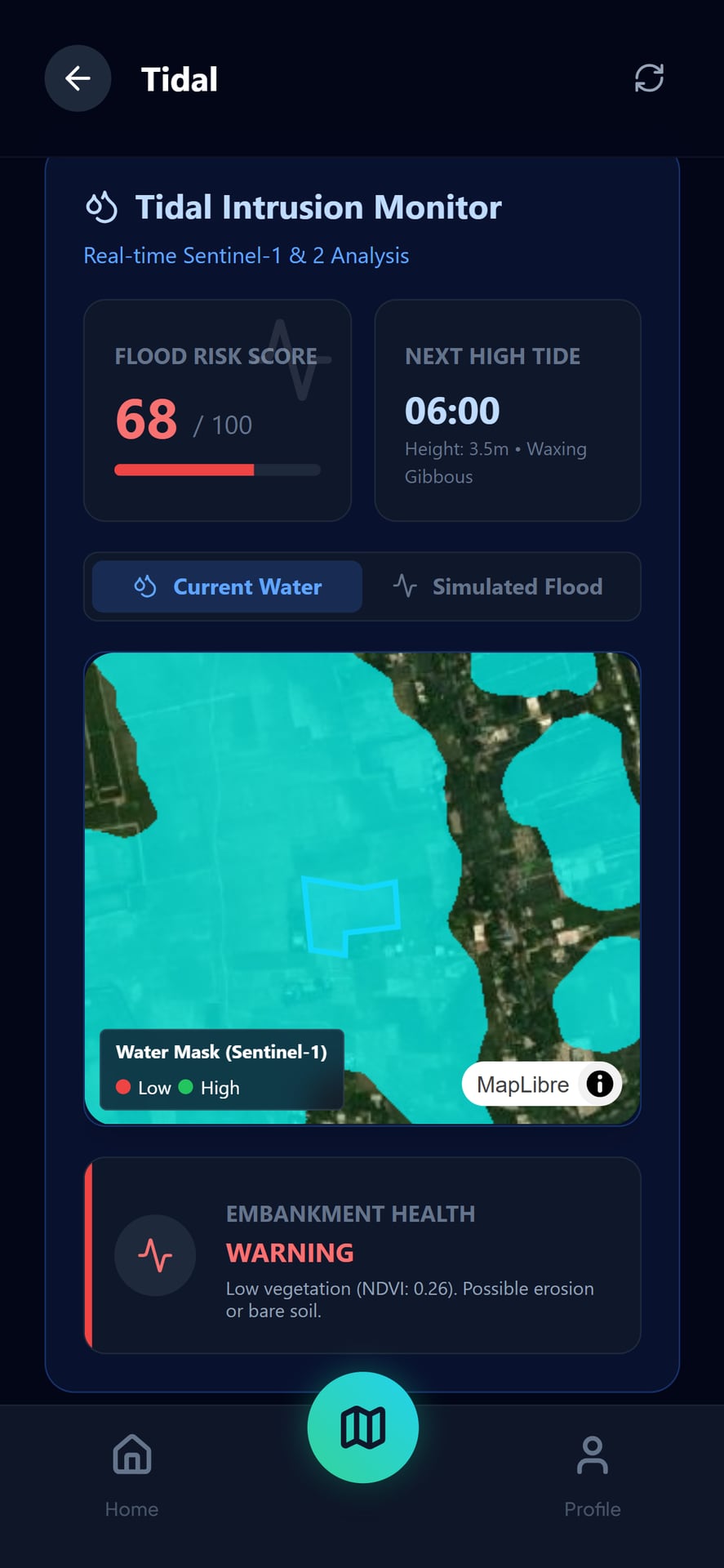 Urbor tidal intrusion monitor, showing flood risk score, next high tide and an embankment health warning